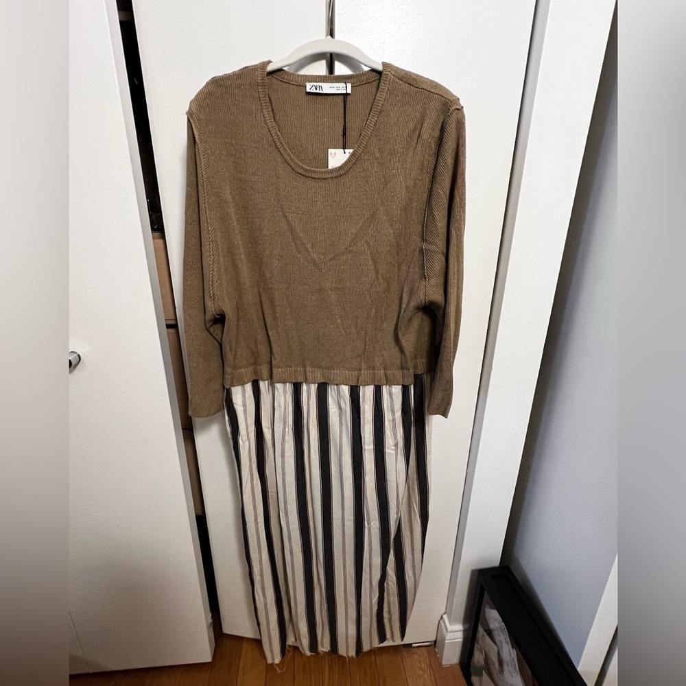 Zara Brown and Black Striped Midi Dress